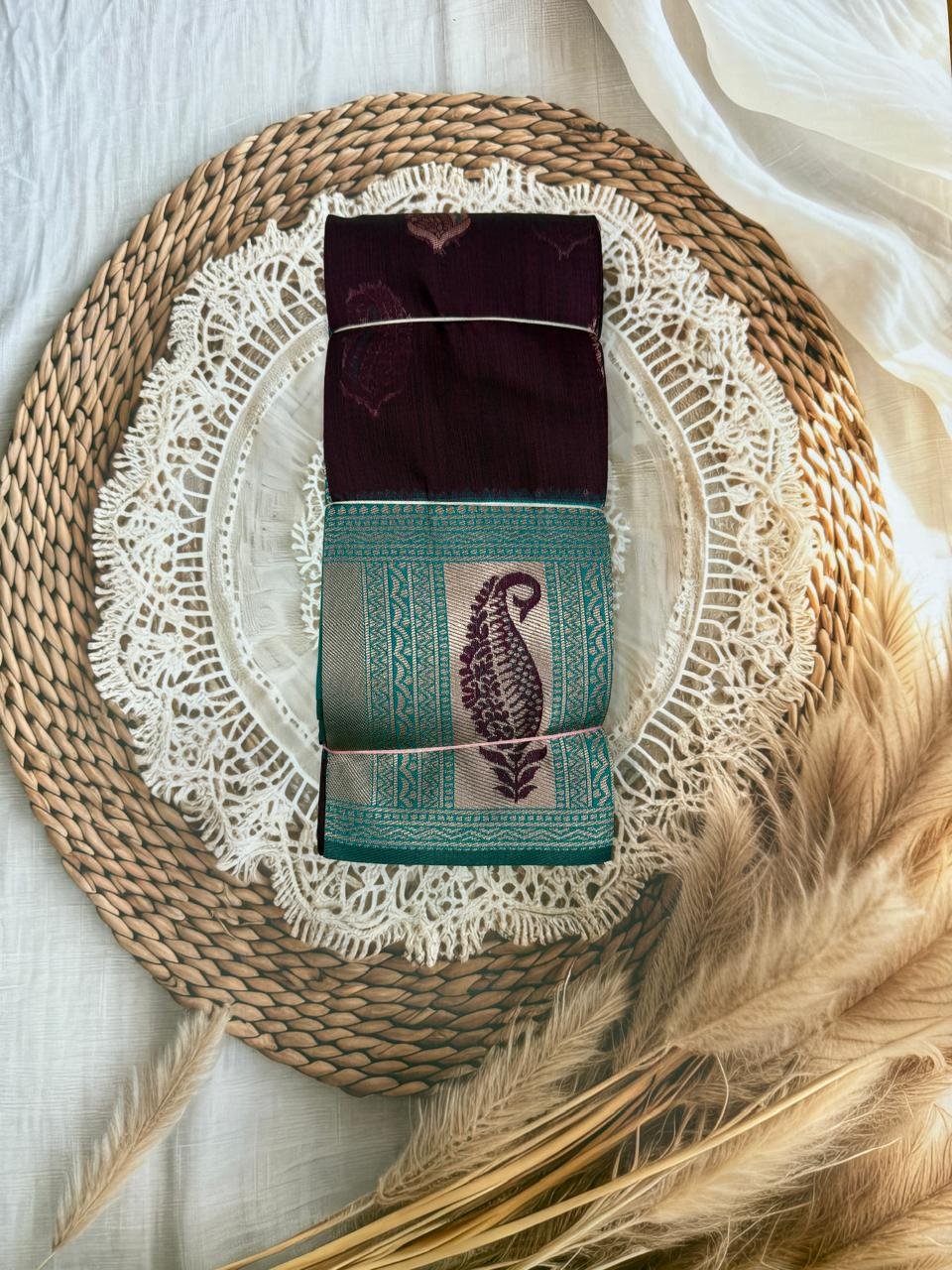 Maroon & Teal Silk Cotton Saree with Traditional Woven Border