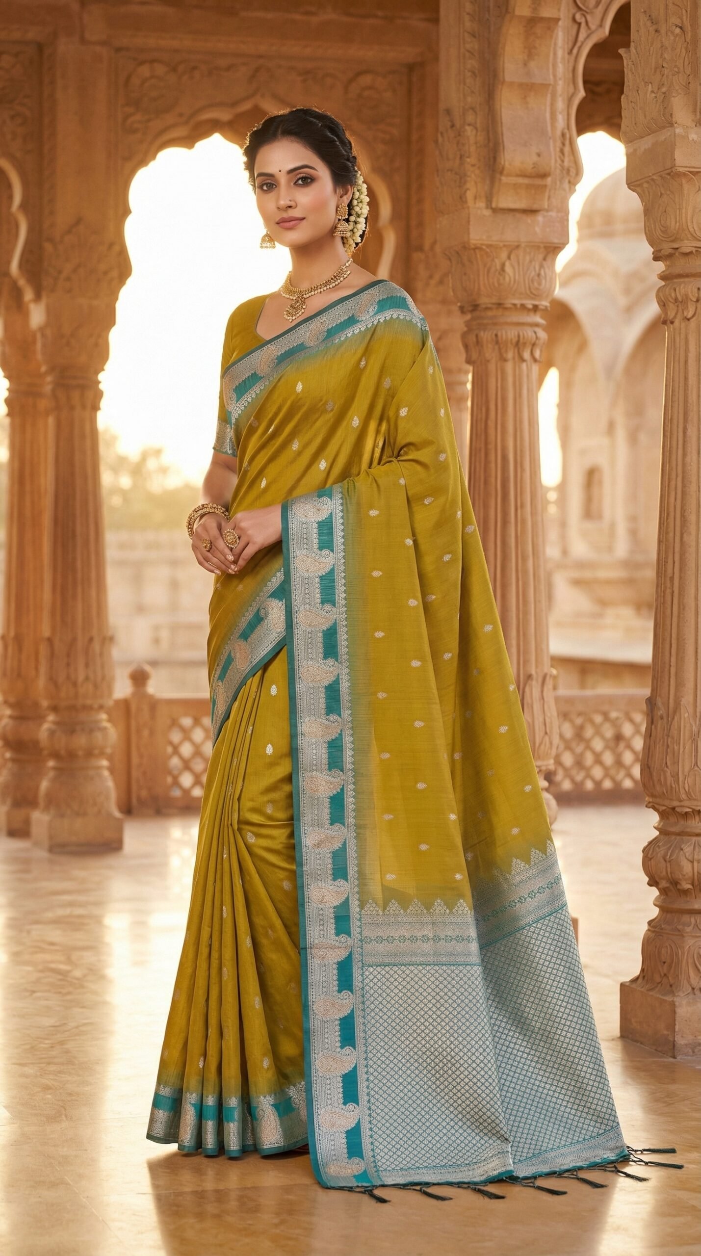 Mustard Yellow Soft Silk Saree with Teal Zari Border