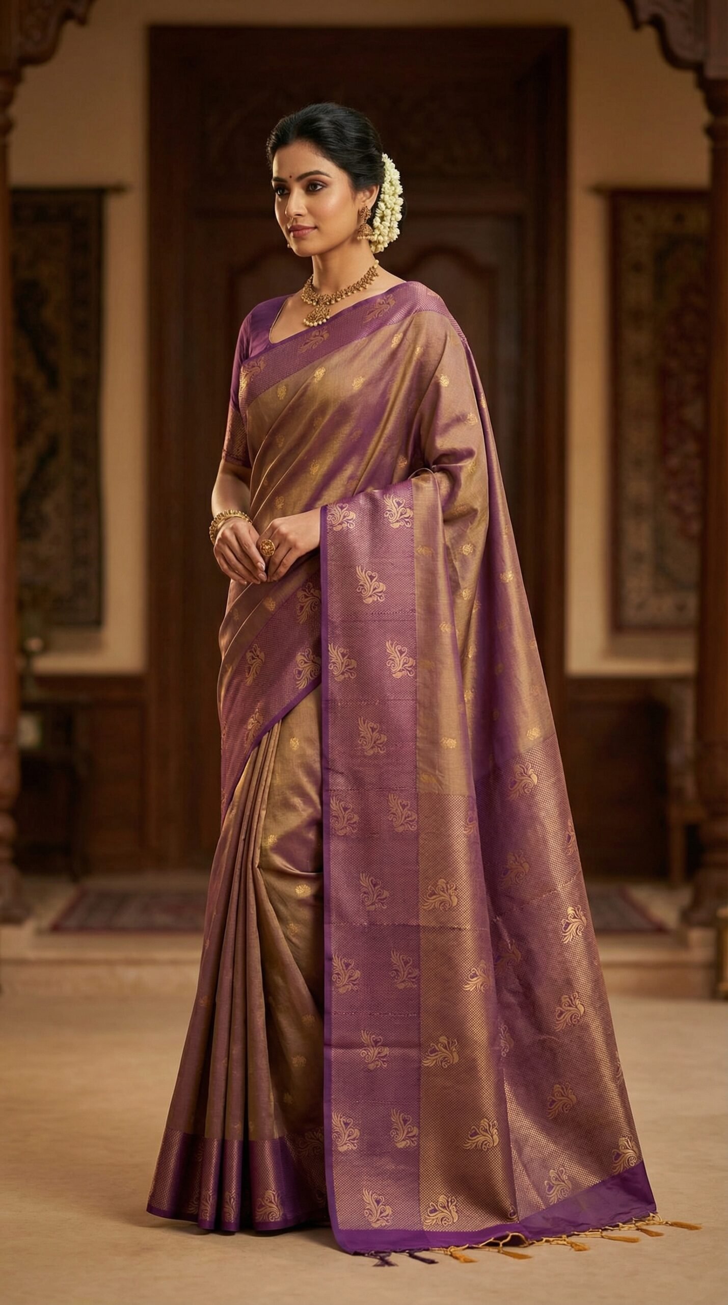 Antique Gold Soft Silk Saree with Purple Border
