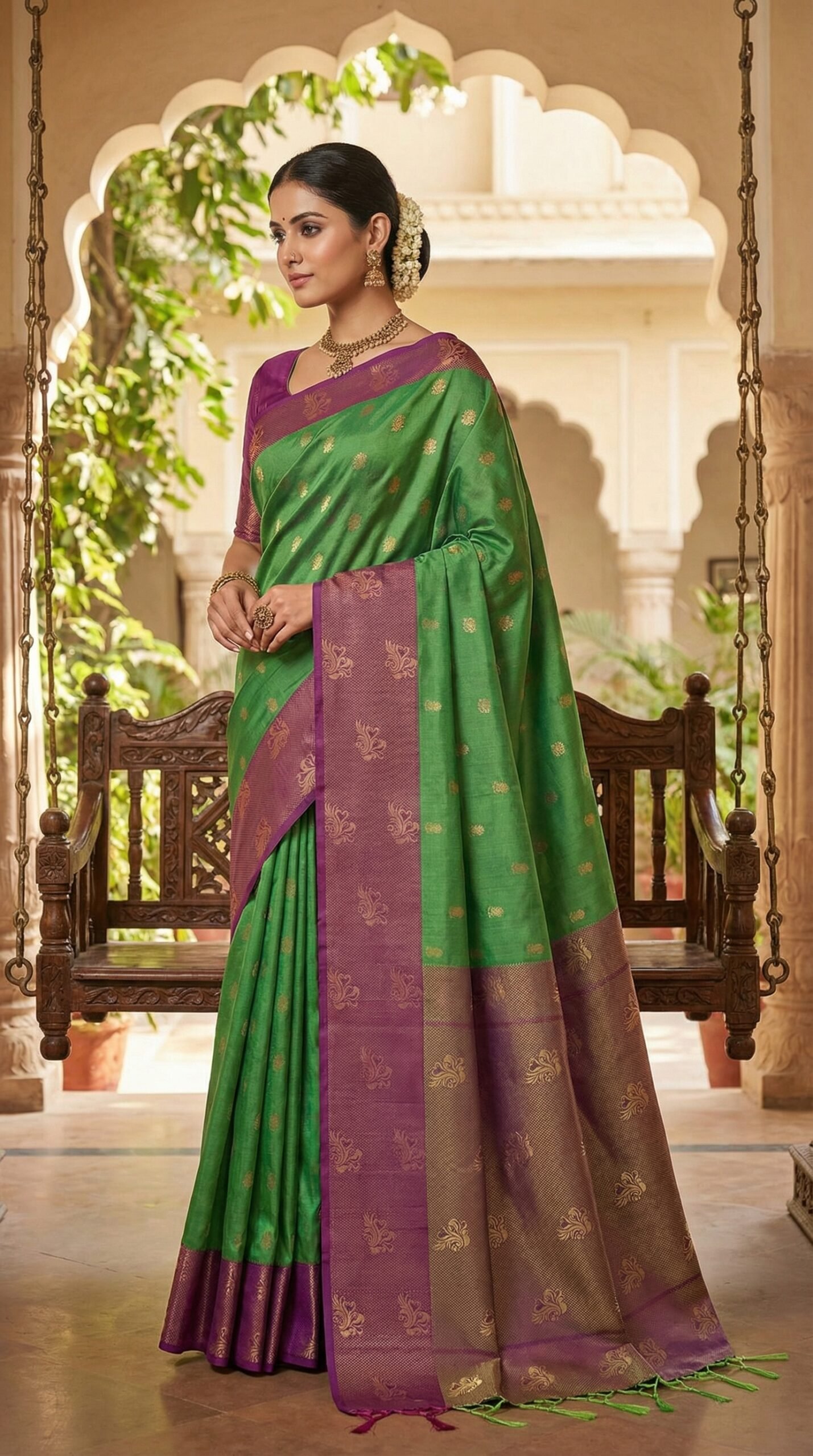 Emerald Green Soft Silk Saree with Purple Zari Border