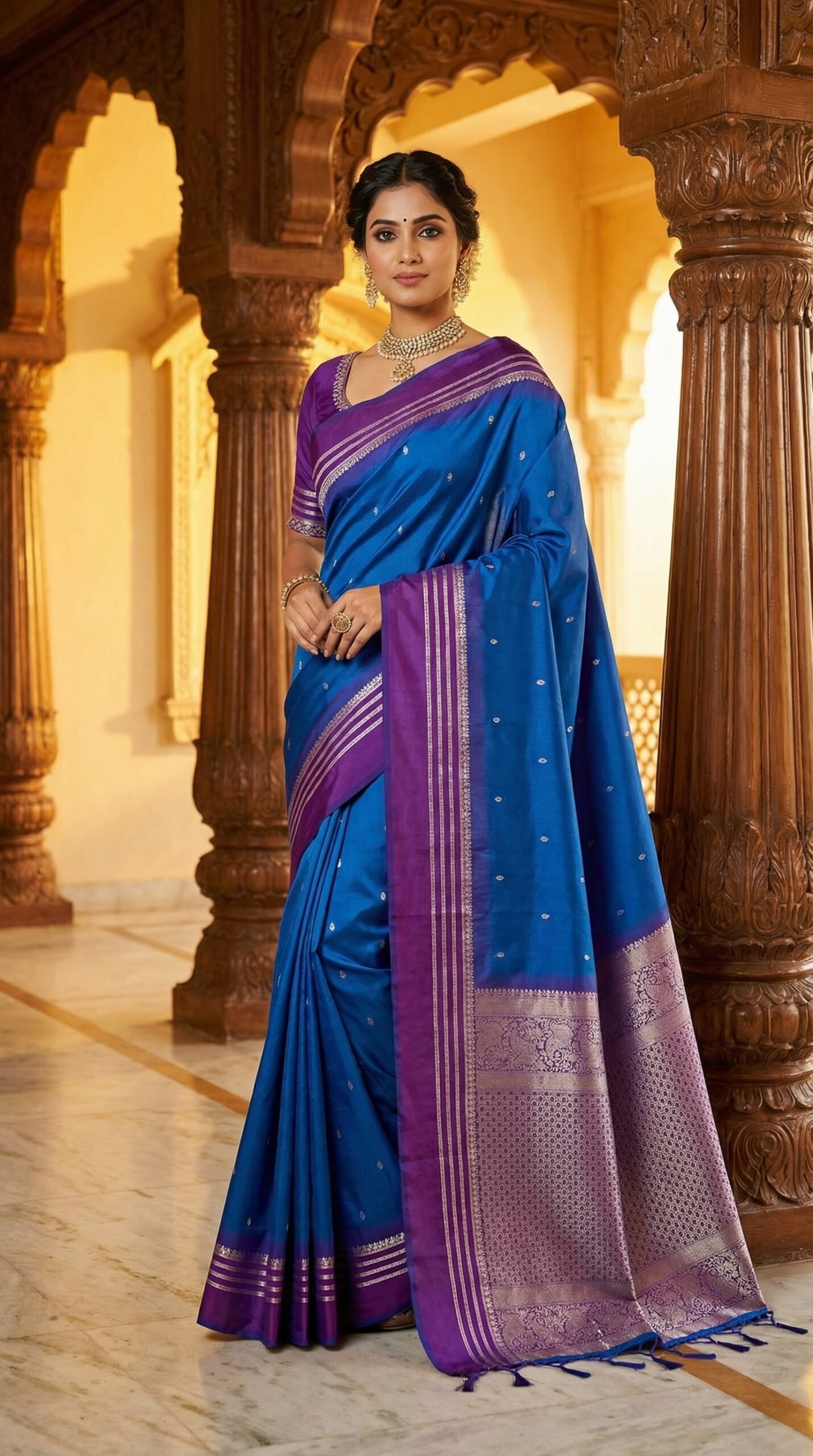 Royal Blue Soft Silk Saree with Purple Zari Border