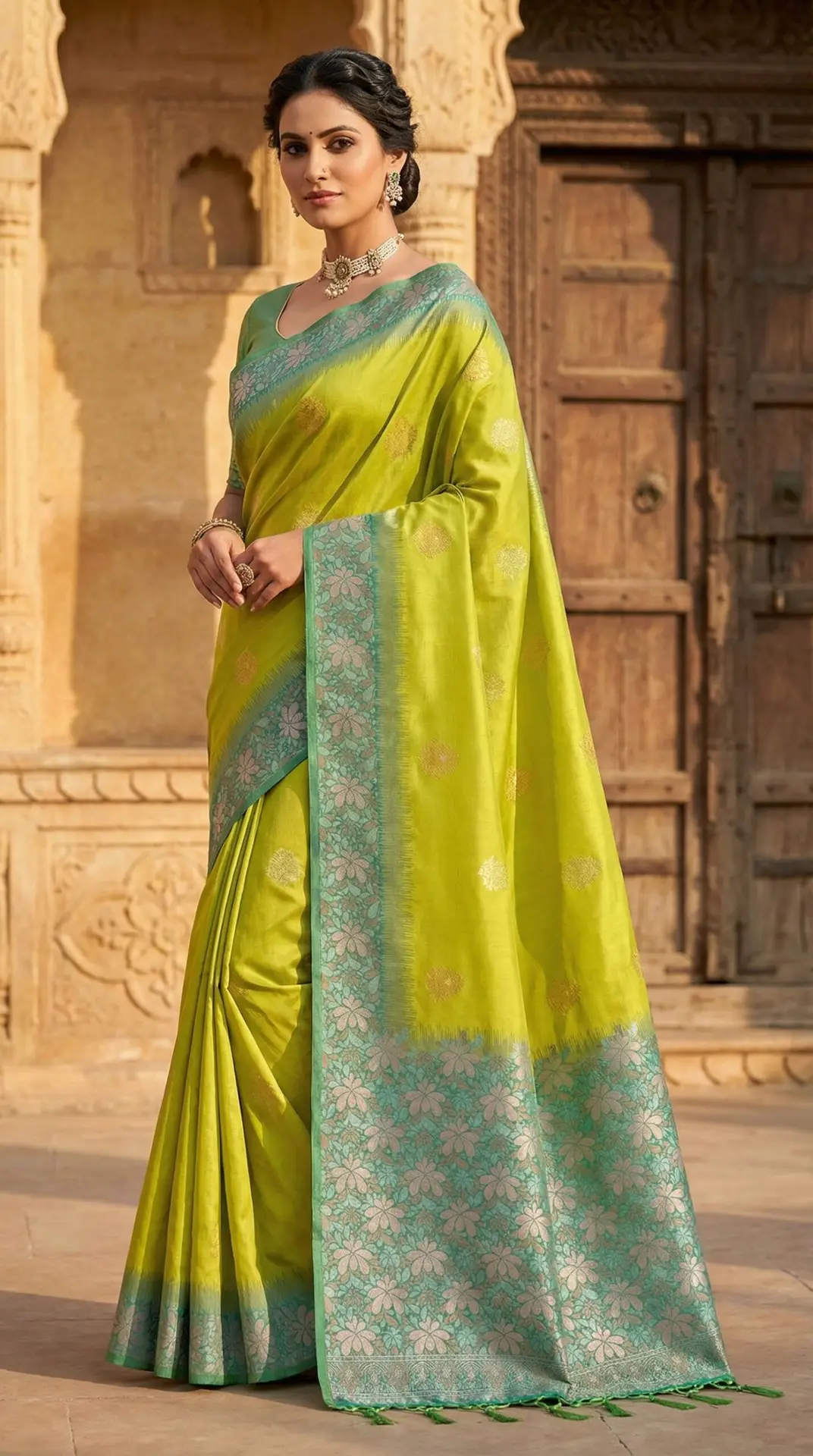 Lime Green Soft Silk Saree with Aqua Floral Zari Border
