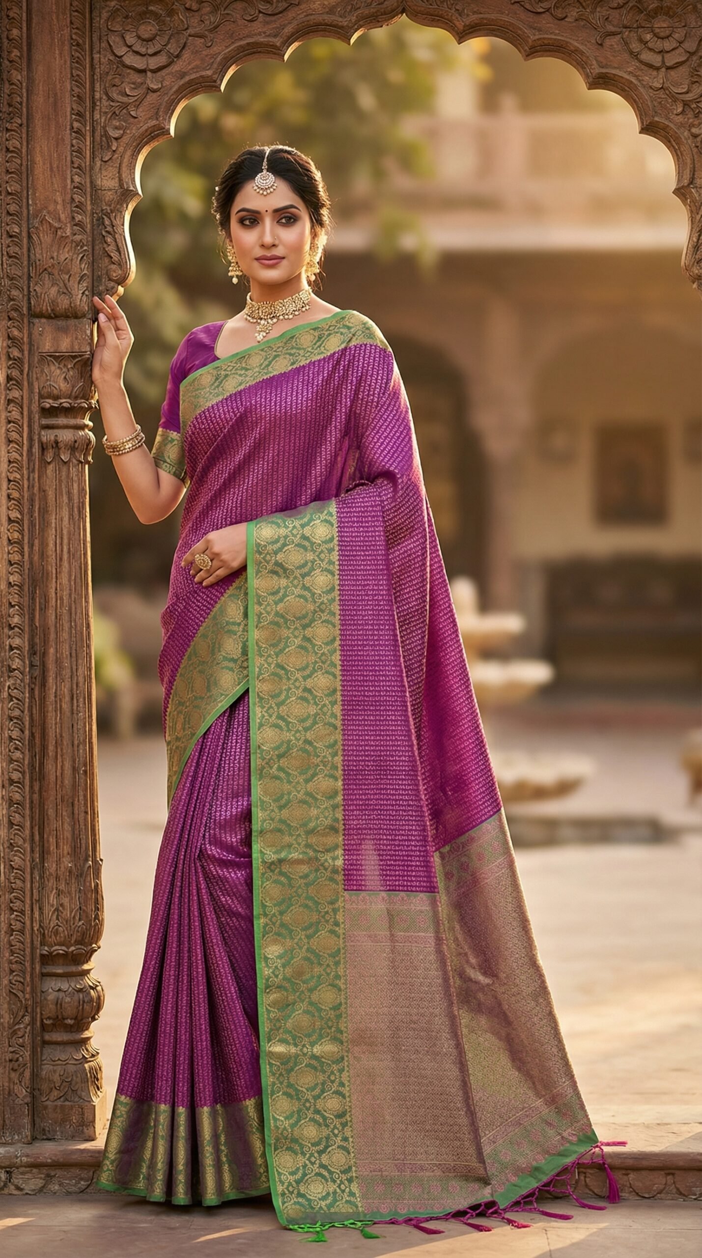 Royal Magenta Soft Silk Saree with Lavender Floral Zari Border