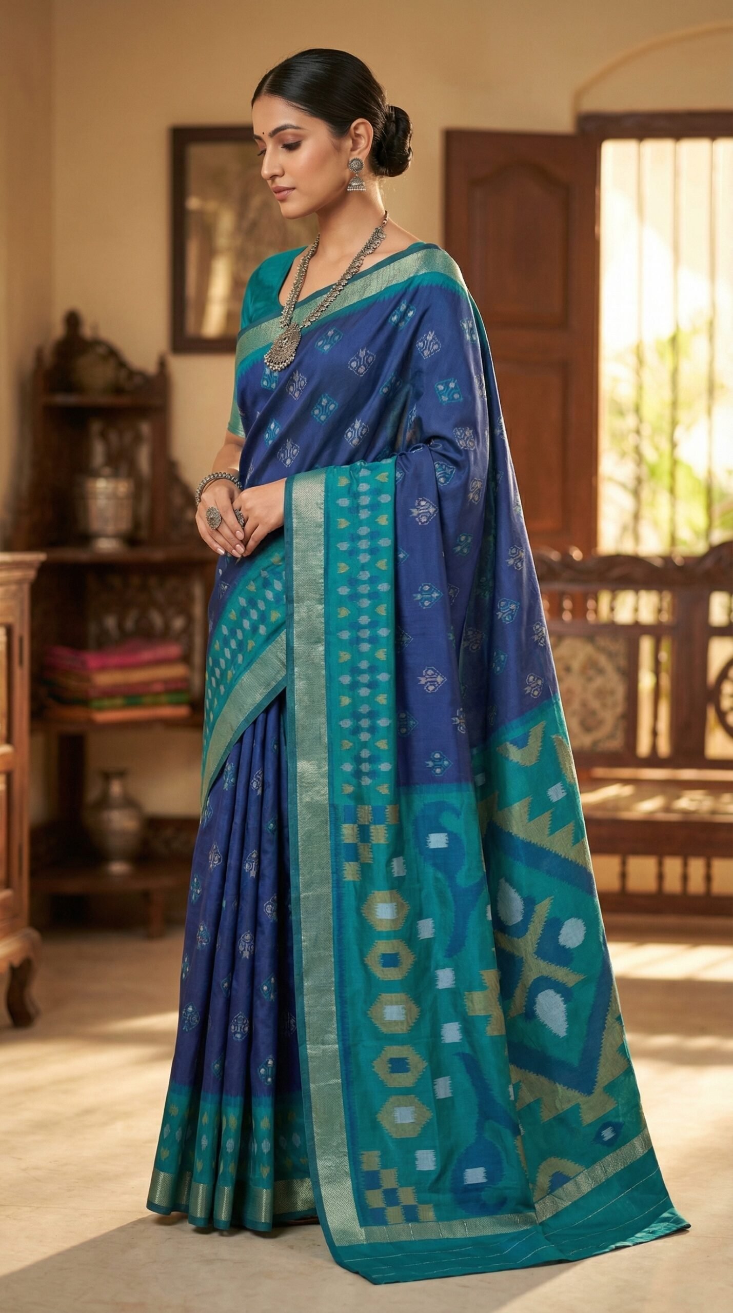 Teal Blue Pochampally Ikat Saree
