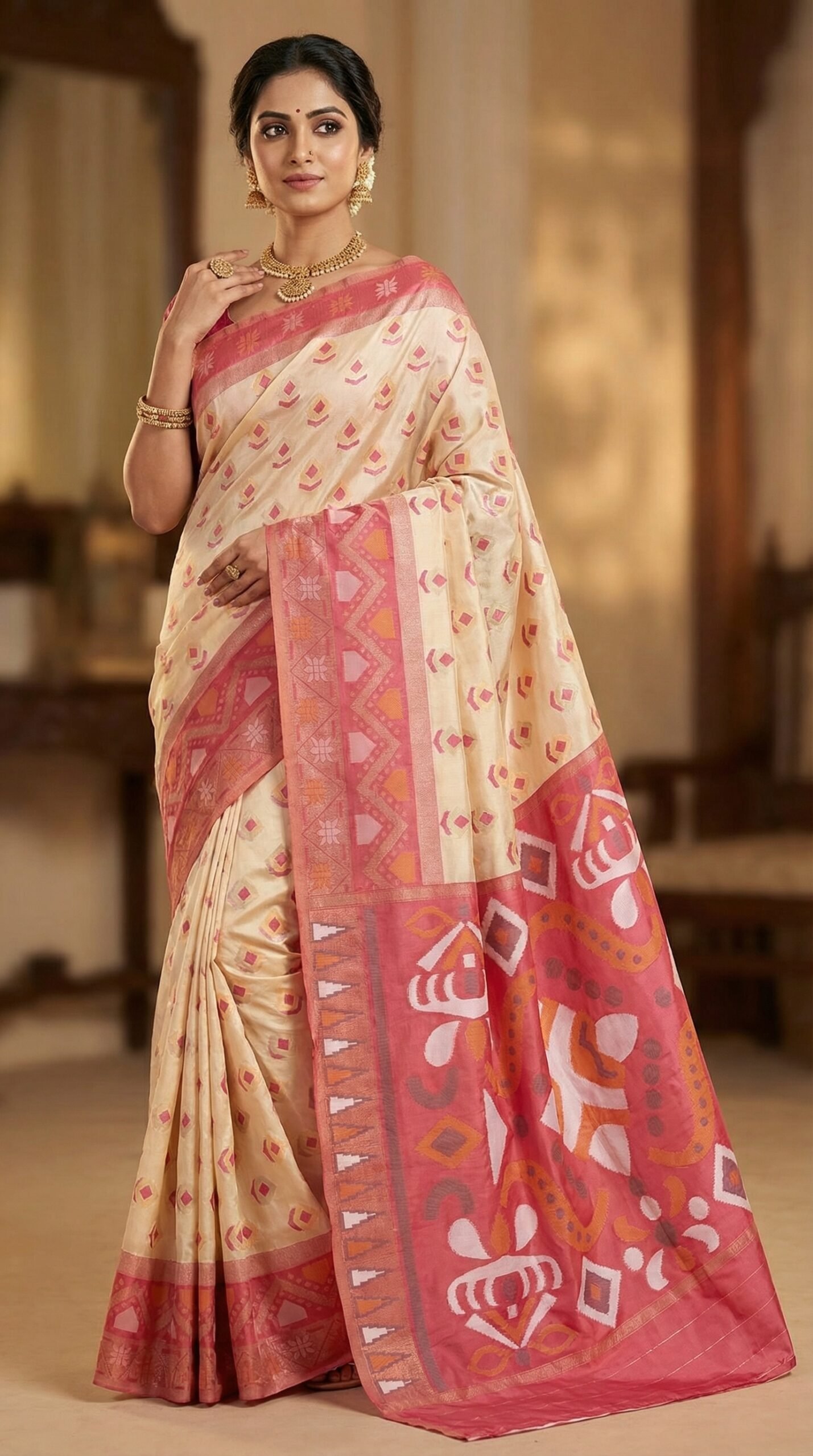 Classic Red & Grey Pochampally Silk Saree