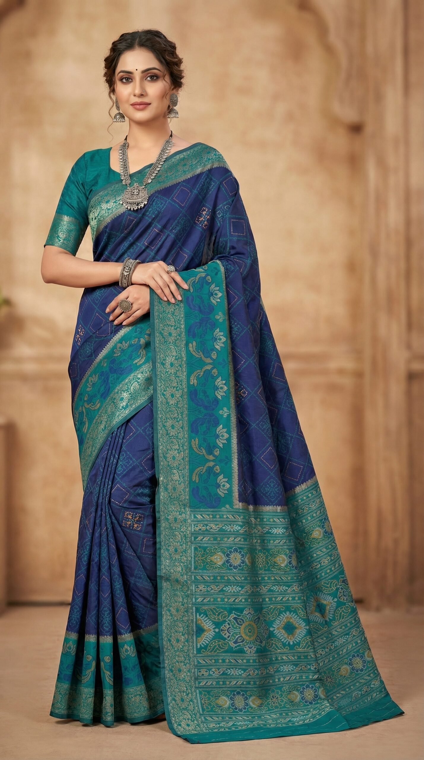 Royal Blue & Teal Pochampally Silk Saree