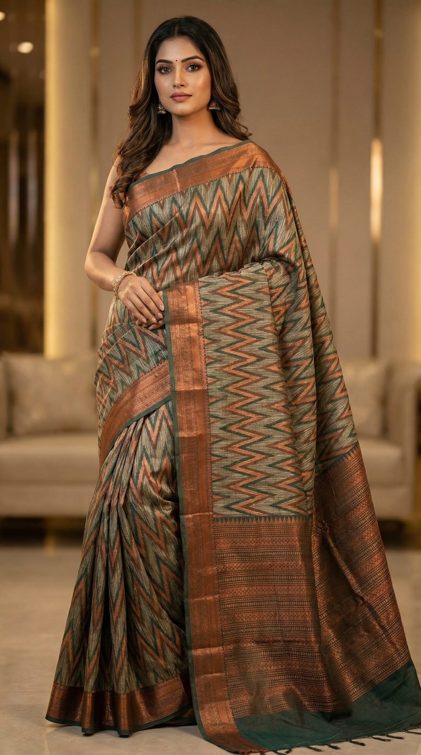 Deep Green & Copper Zig-Zag Fancy Cotton Saree