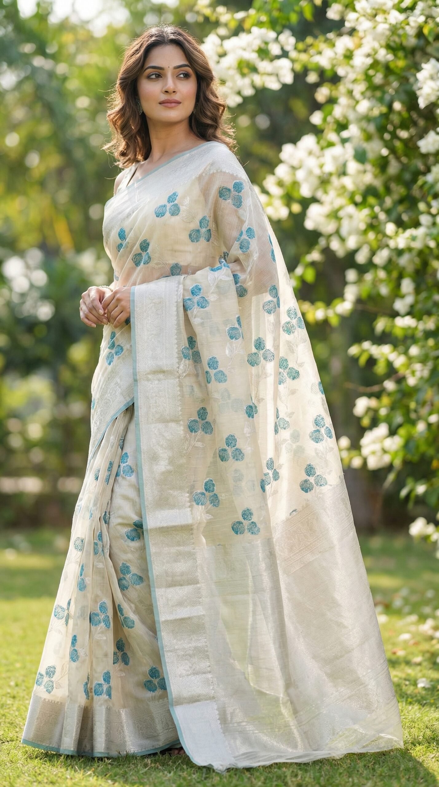 Off-White Linen Cotton Saree with Aqua Blue Floral Motifs