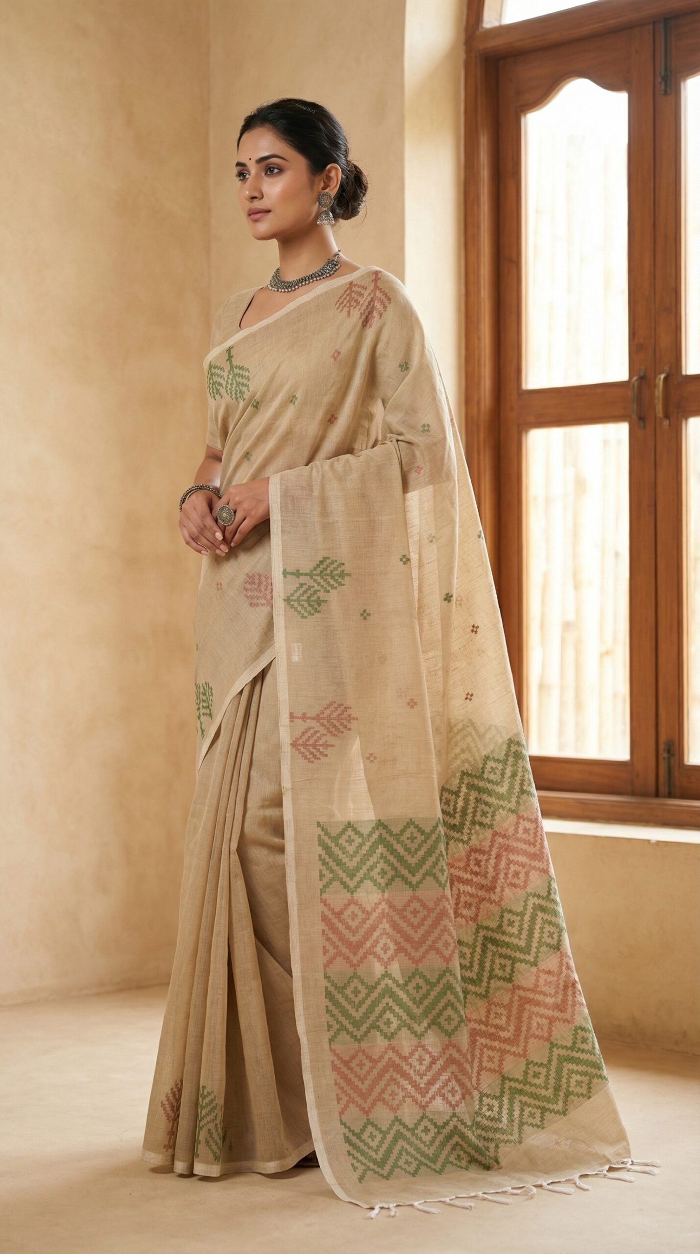 Chettinadu Handloom Beige Cotton Saree