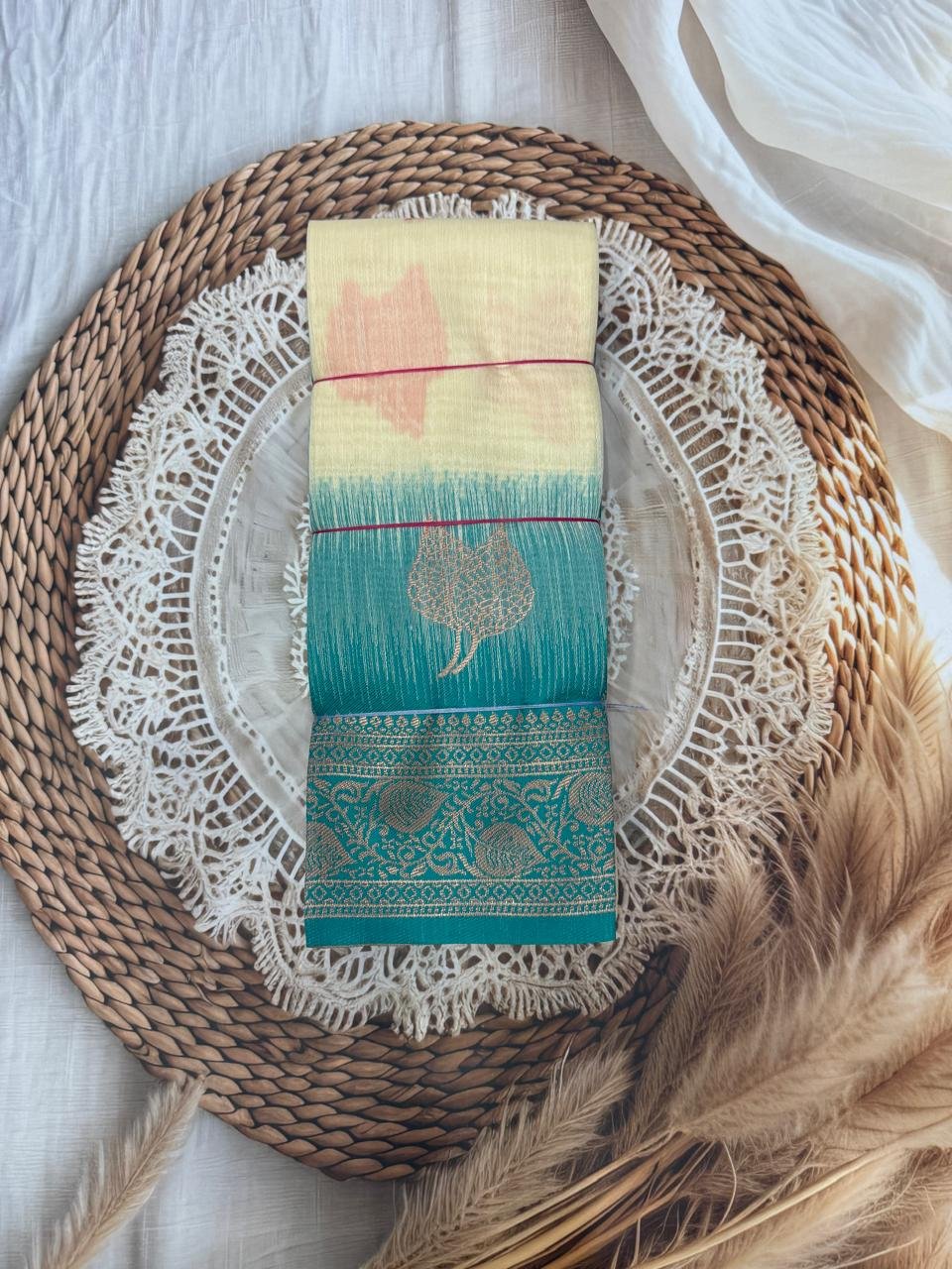 Cream & Teal Silk Cotton Saree with Leaf Motif Border