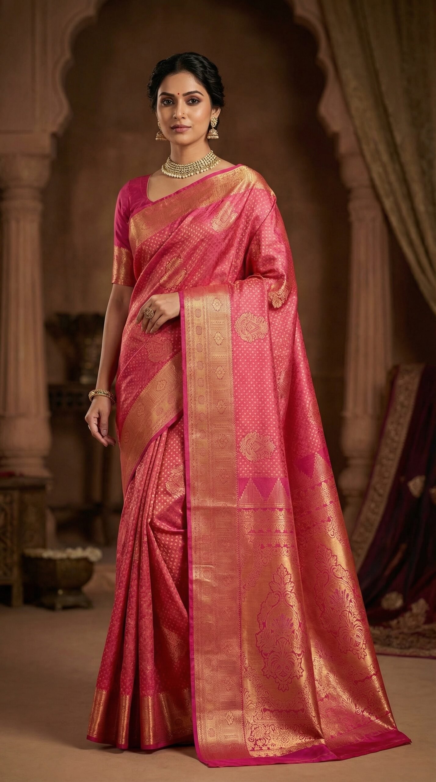 Rose Pink & Premium Gold Bridal Kanchipuram Silk Saree