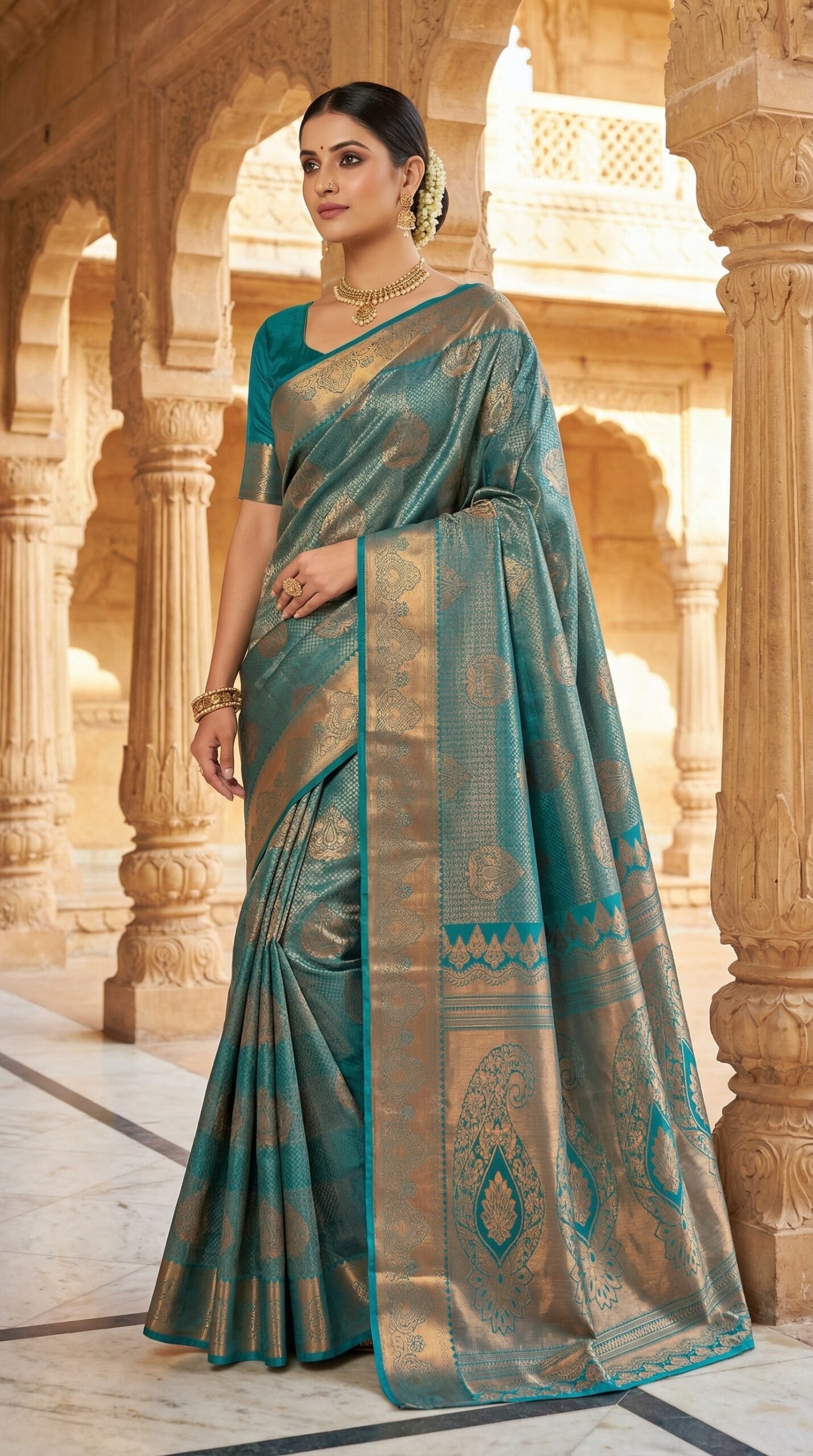 Teal Green & Antique Gold Bridal Kanchipuram Silk Saree