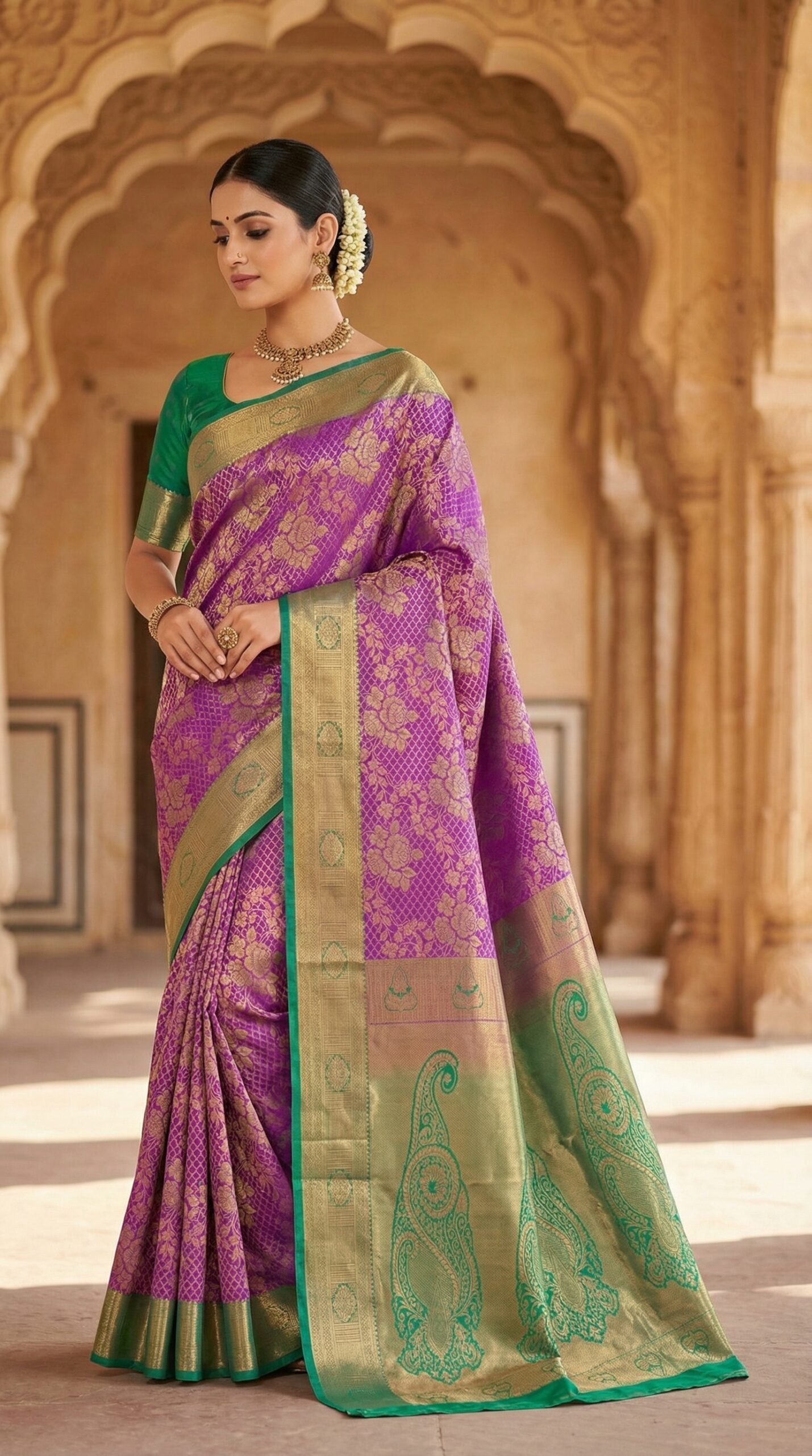 Royal Purple & Green Bridal Kanchipuram Silk Saree