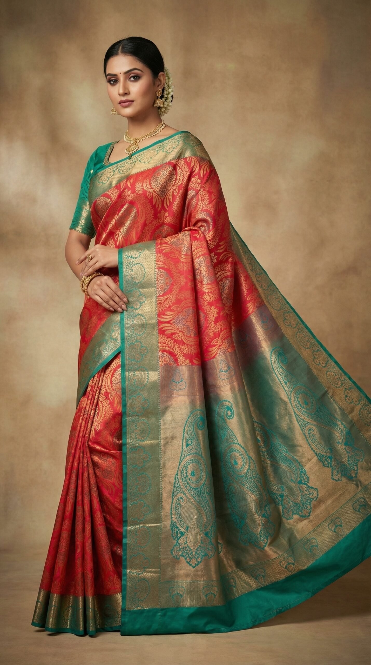 Red & Green Dual Tone Bridal Kanchipuram Silk Saree