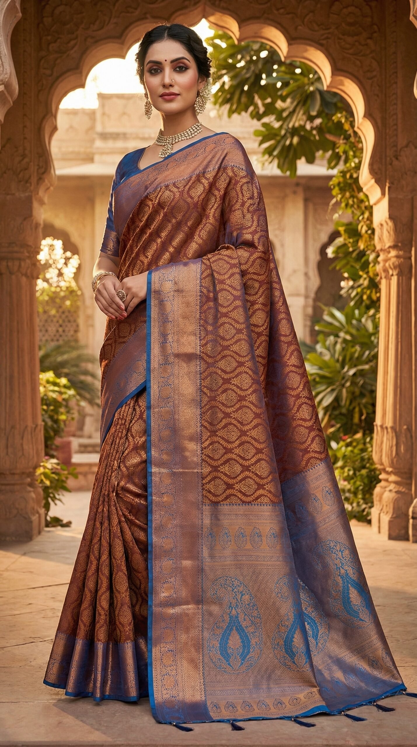 Sapphire Orange Heavy Bridal Silk Saree