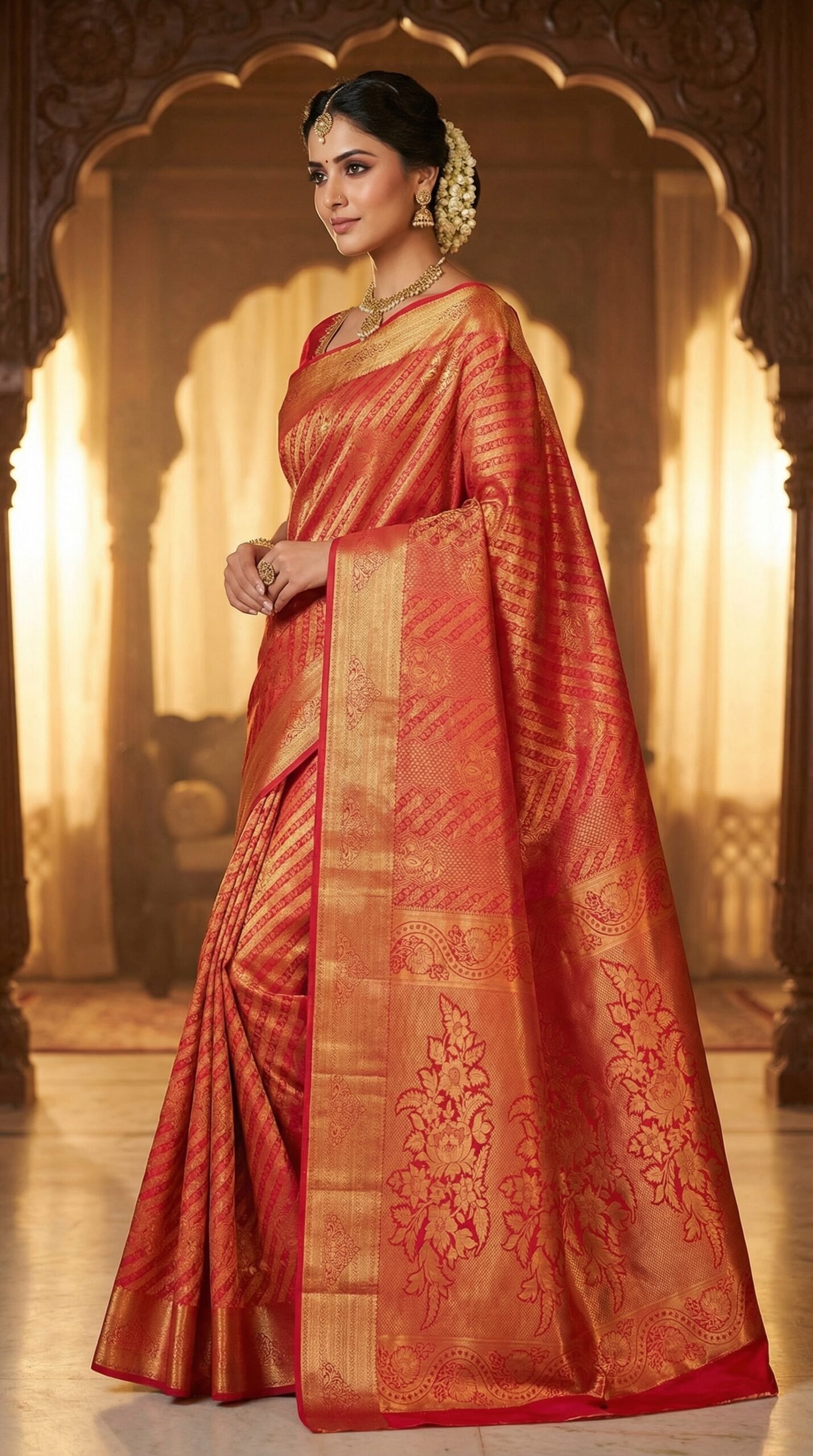 Bright Red & Gold Kanchipuram Silk Bridal Saree
