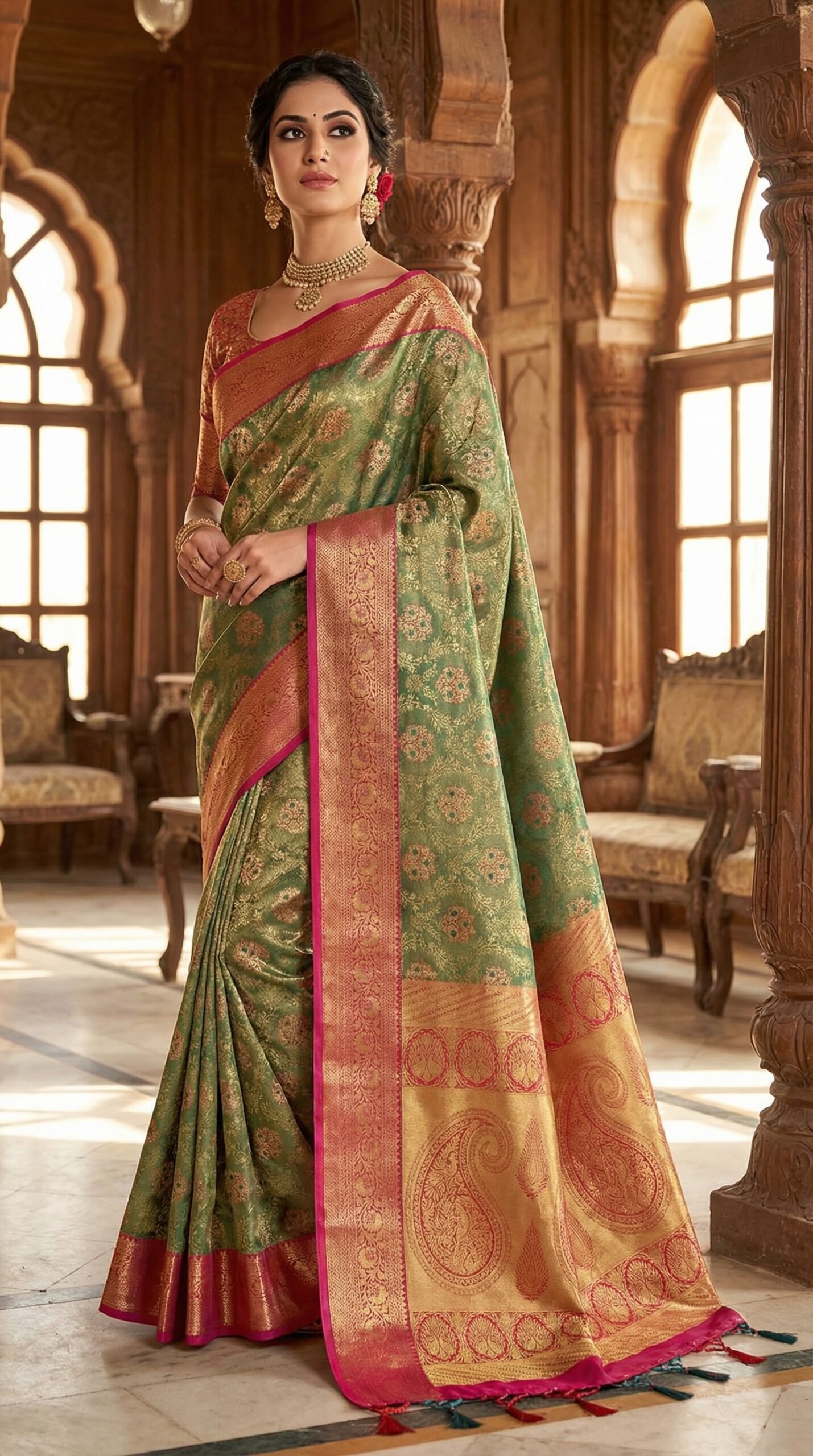 Forest Green & Pink Antique Zari Bridal Saree