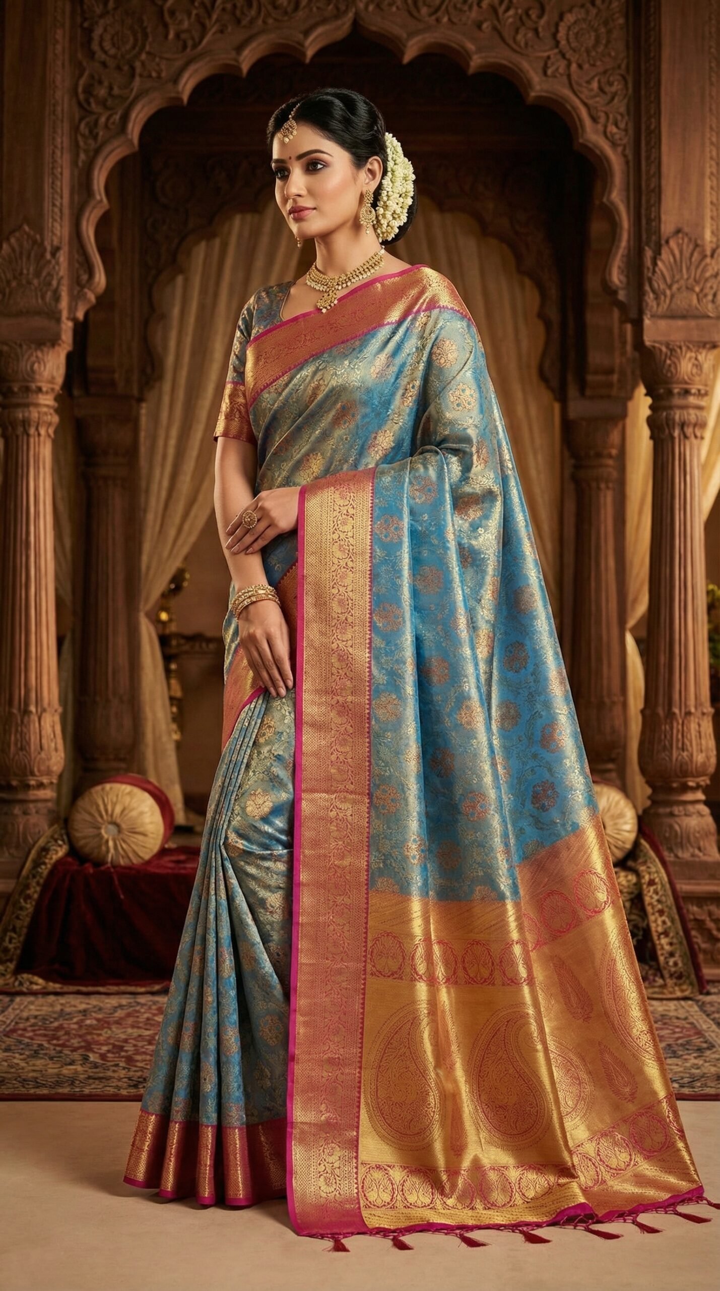 Sky Blue & Pink Gold Border Kanchipuram Bridal Saree