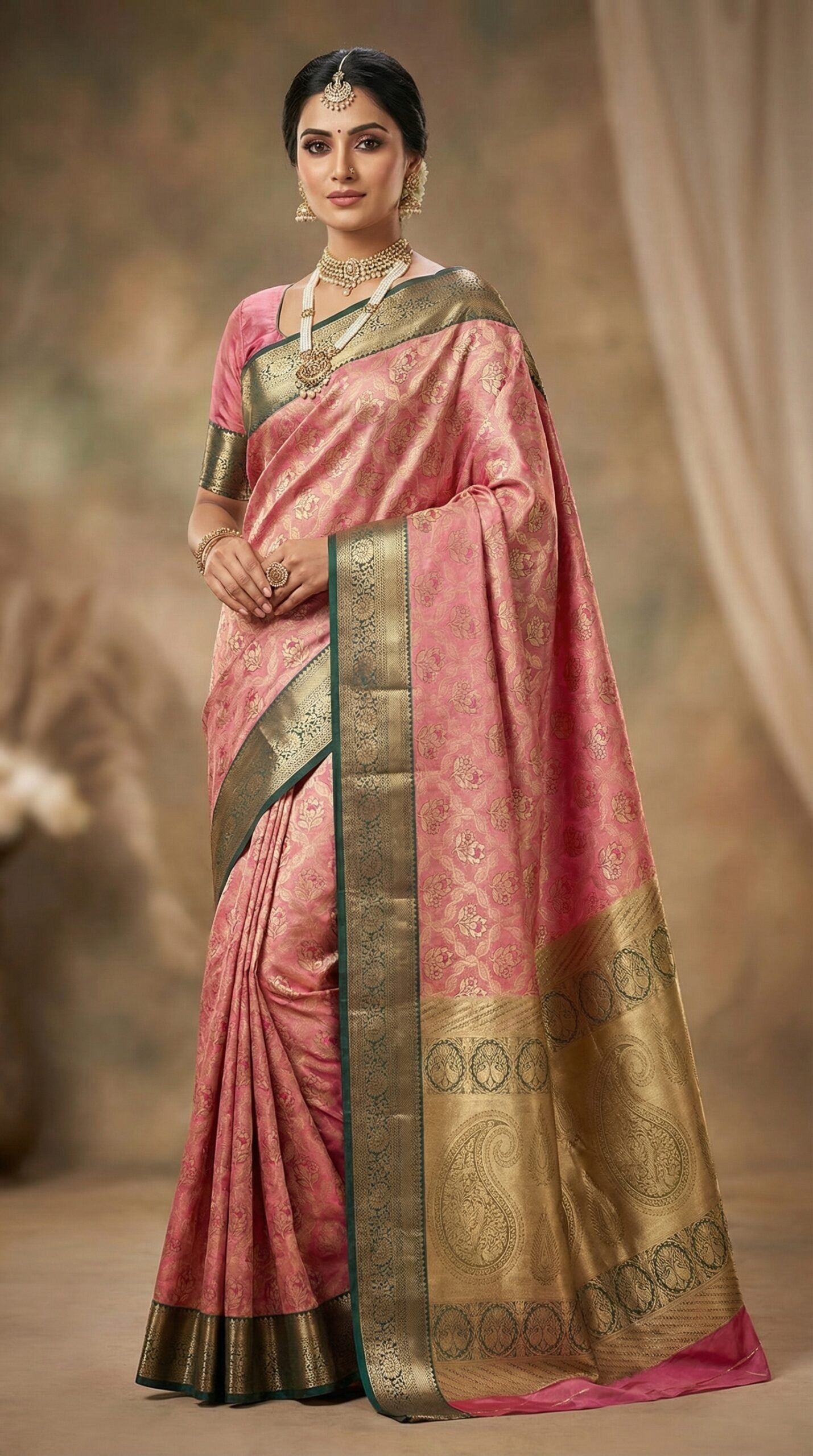 Pink & Antique Gold Border Banarasi Bridal Silk Saree