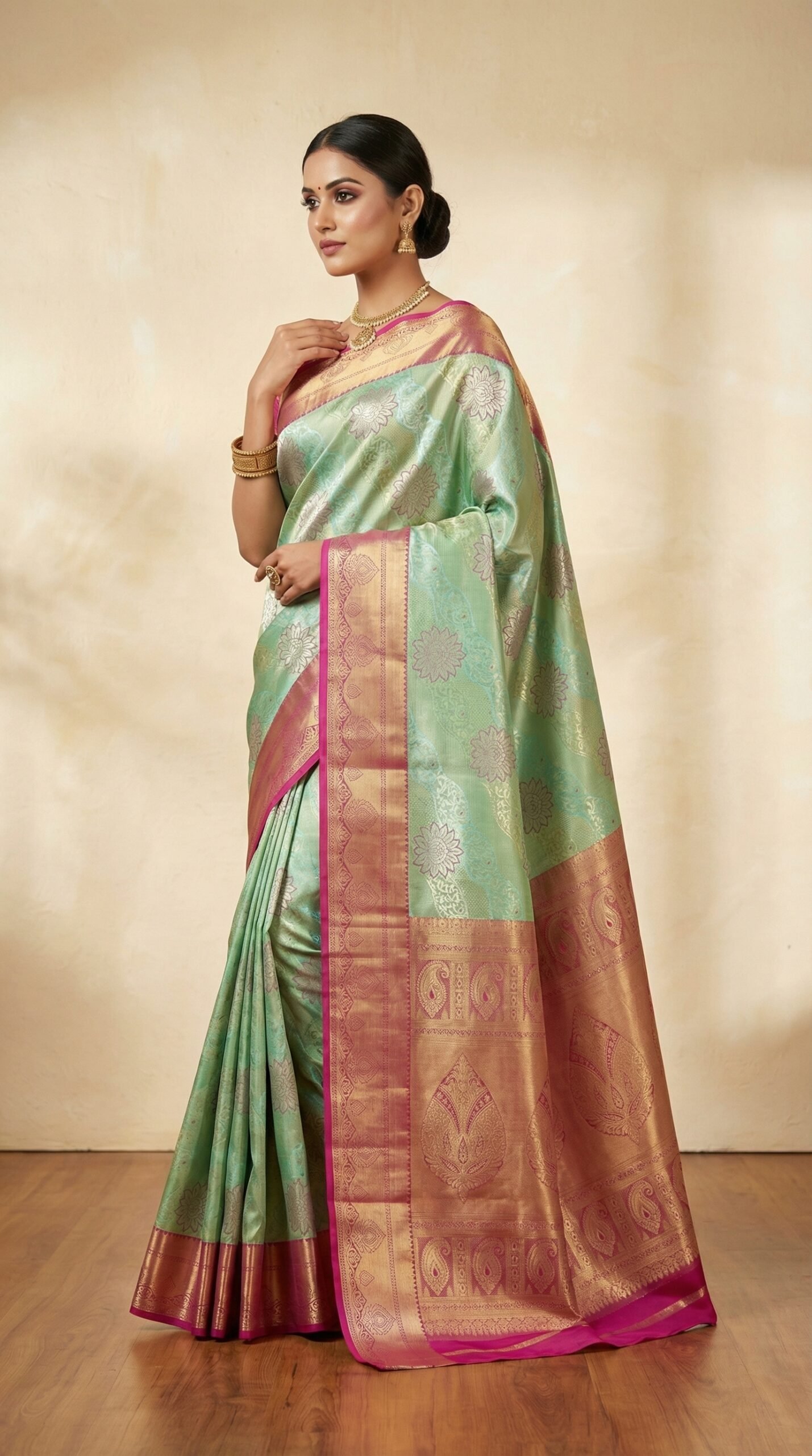 Mint Green & Pink Gold Border Bridal Silk Saree