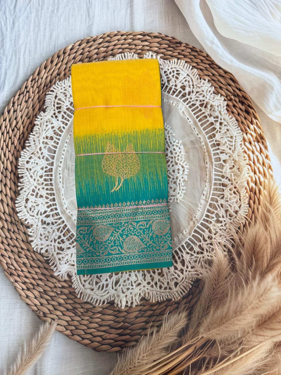 Yellow & Green Silk Cotton Saree with Floral Motif Border
