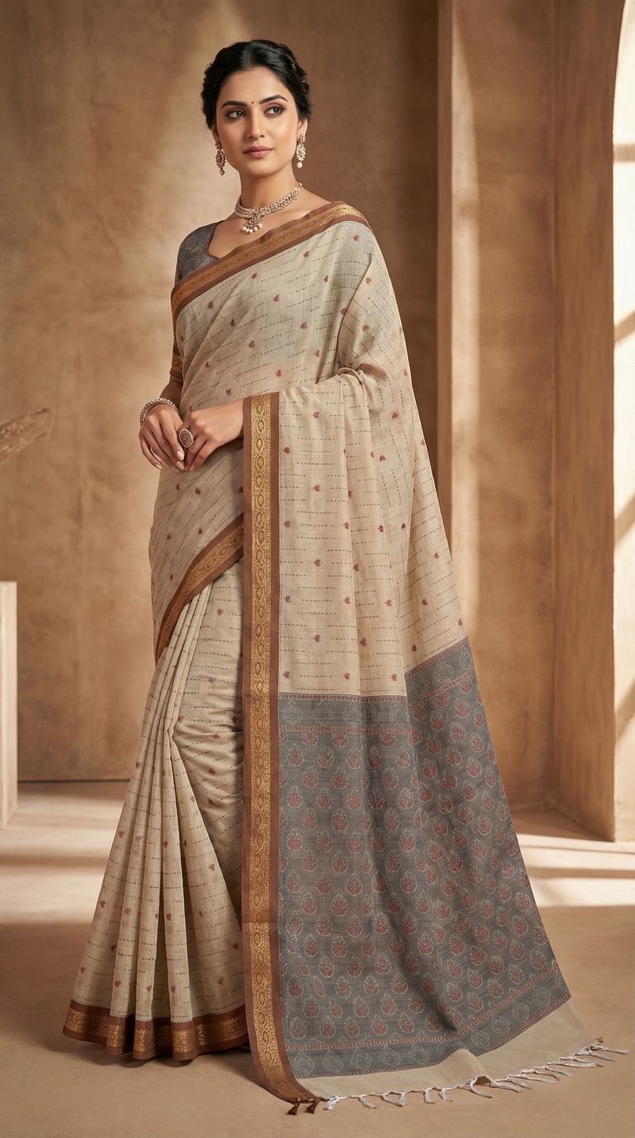 chettinad-handloom-cotton-saree-with-traditional-butta-design-contrast-border-woven-pallu