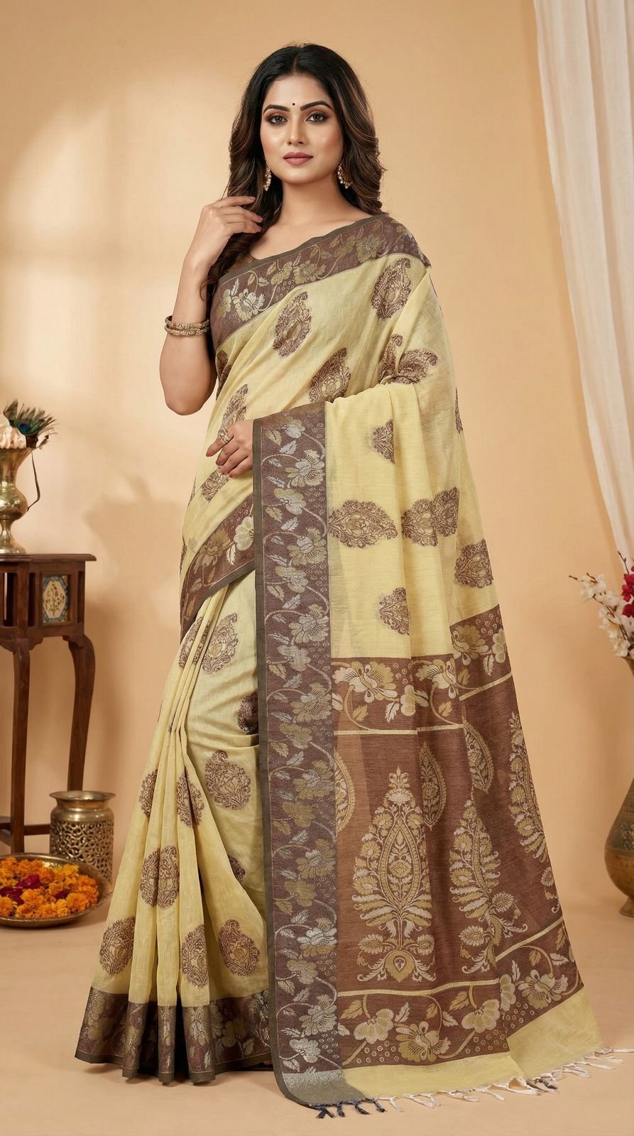 buy-cream-chettinad-handloom-cotton-saree-with-brown-floral-border-traditional-pallu-retro