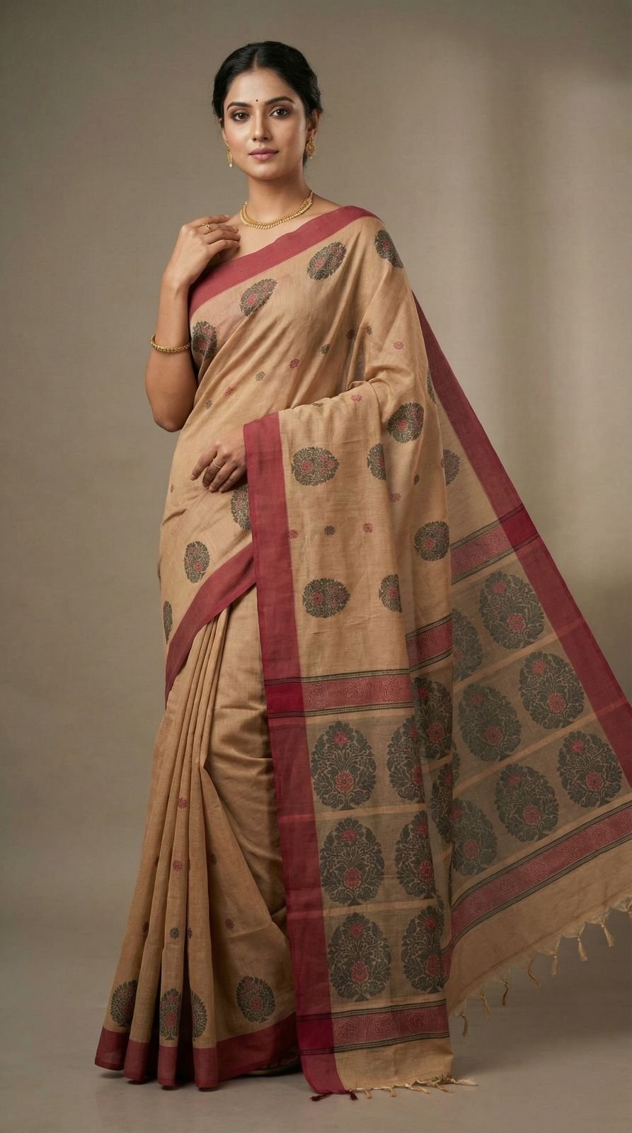 buy-warm-beige-chettinad-handloom-cotton-saree-with-maroon-border-traditional-floral-pallu-retro-fashions
