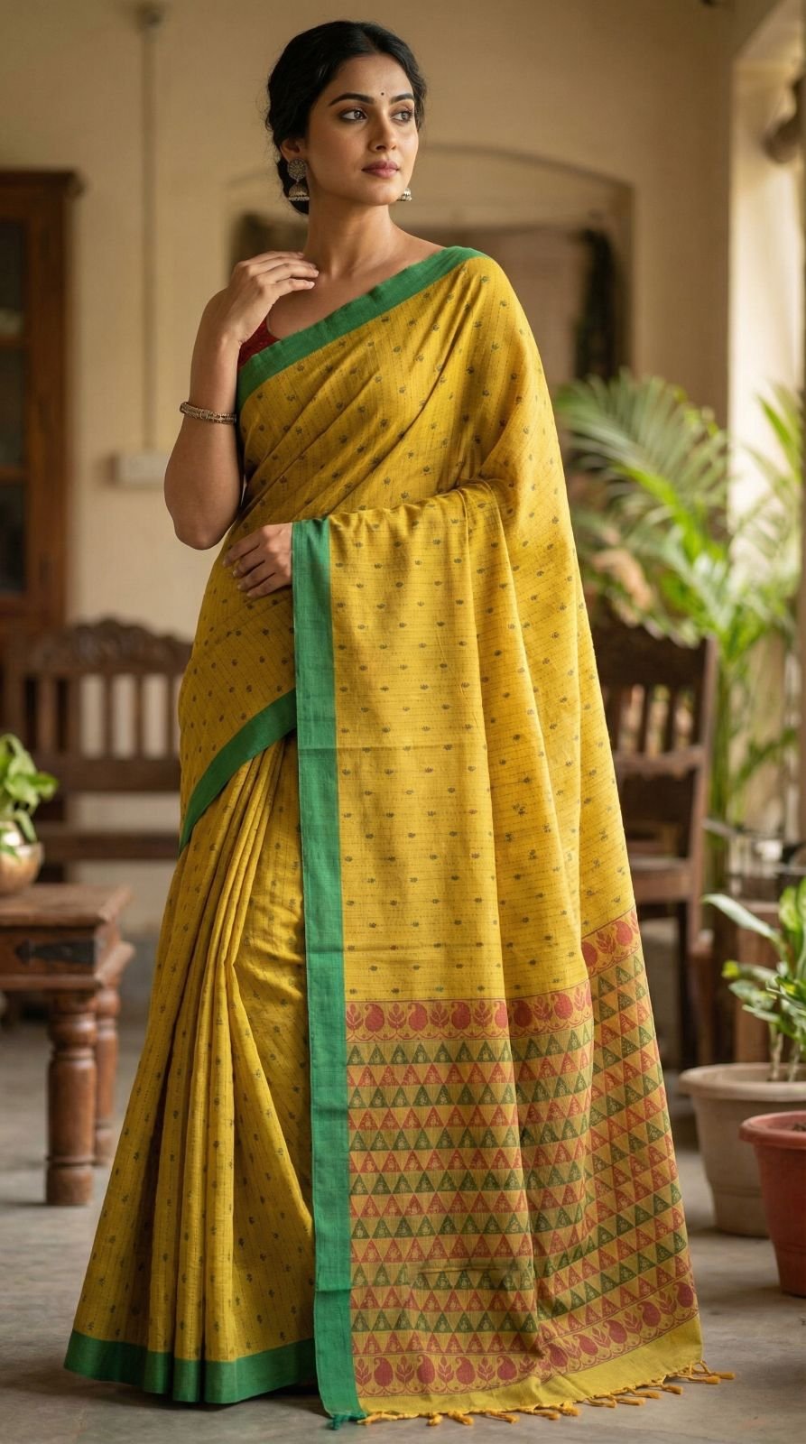 buy-mustard-yellow-chettinad-handloom-cotton-saree-with-green-border-traditional-geometric-pallu-retro-fashions